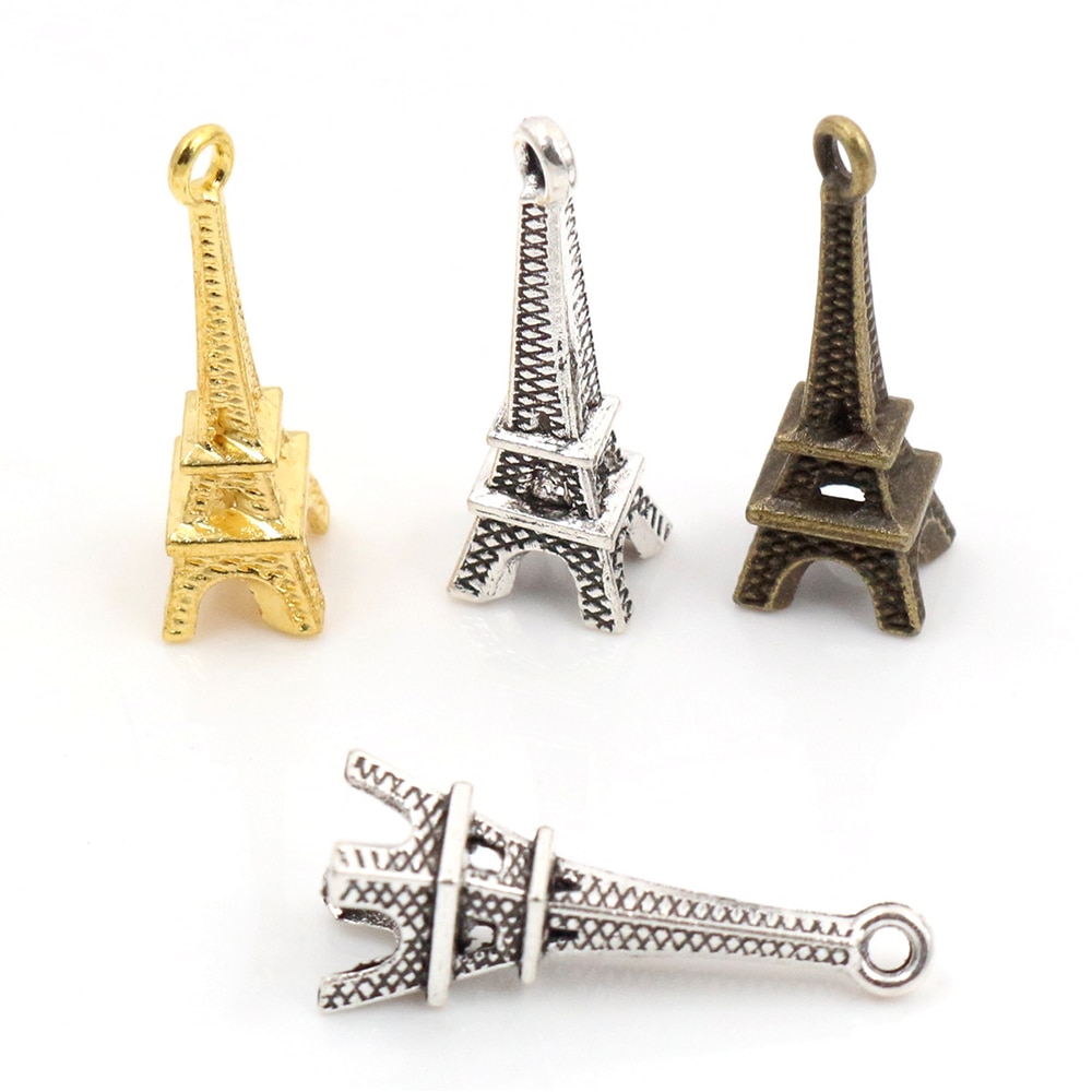 Pingente feito à mão dos encantos da torre eiffel: diy para a colar do bracelete 24x8mm 30 pçs bronze chapeado de prata antigo e cores do ouro