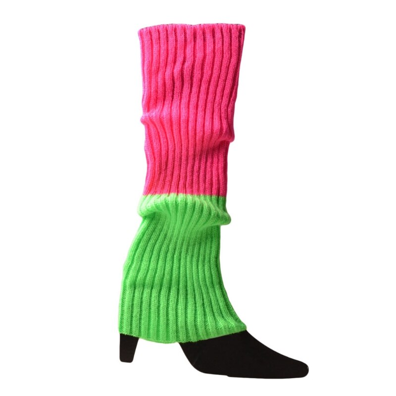 Women 80s Fluorescent Neon Colored Knit Leg Warmers Ribbed Crochet Bright Footless Socks Stockings Halloween Dance Party: Rose Red-Neon Green