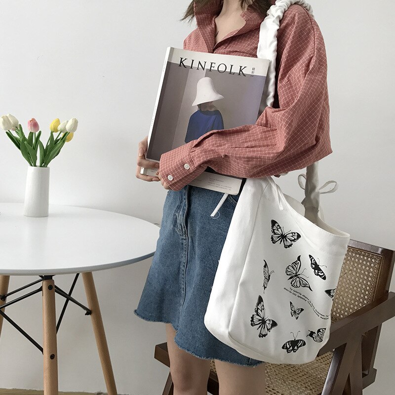 Butterfly Women Canvas Bag Cotton Cloth Fabric Crossbody Bags Lady Large Capacity Shoulder Bag Drawstring Strap: White