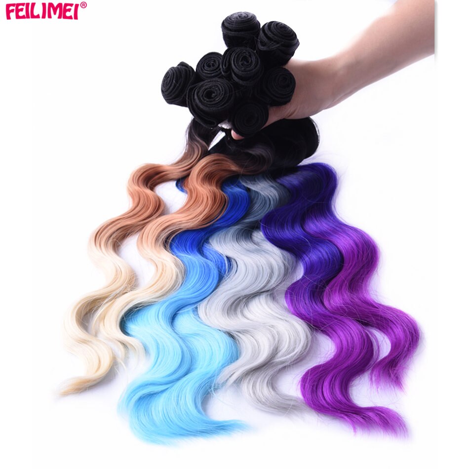 Feilimei-mechones de pelo sintético, tejido de fibra de alta temperatura, 3 tonos, Rubio degradado, gris, azul, Morado, 18 pulgadas, 20 pulgadas, 22 pulgadas