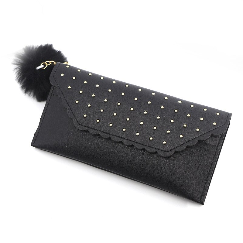 Wallet For Women Retro Rivet Hasp Long Ladies Wallet Card Purse PU Leather Wallet With Fur Ball Ornaments Phone Bag: Black-A