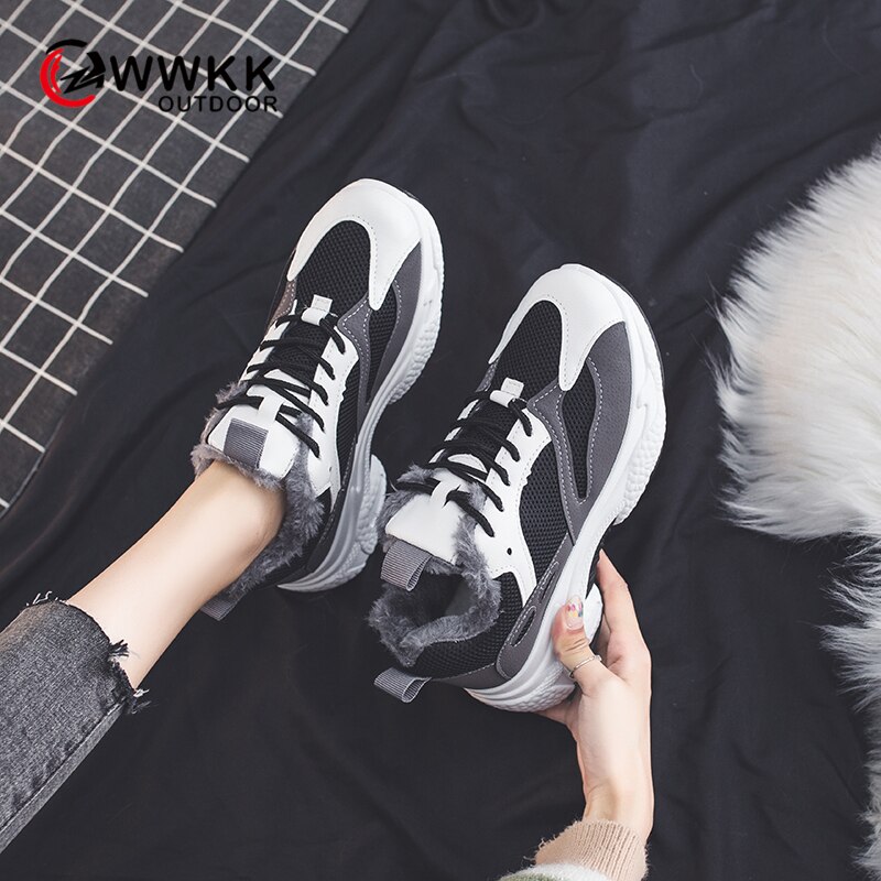 Wwkk vinter løbesko kvinde komfortabel plus fløjl snøresko kvinde chunky sports platform sneakers dame sko