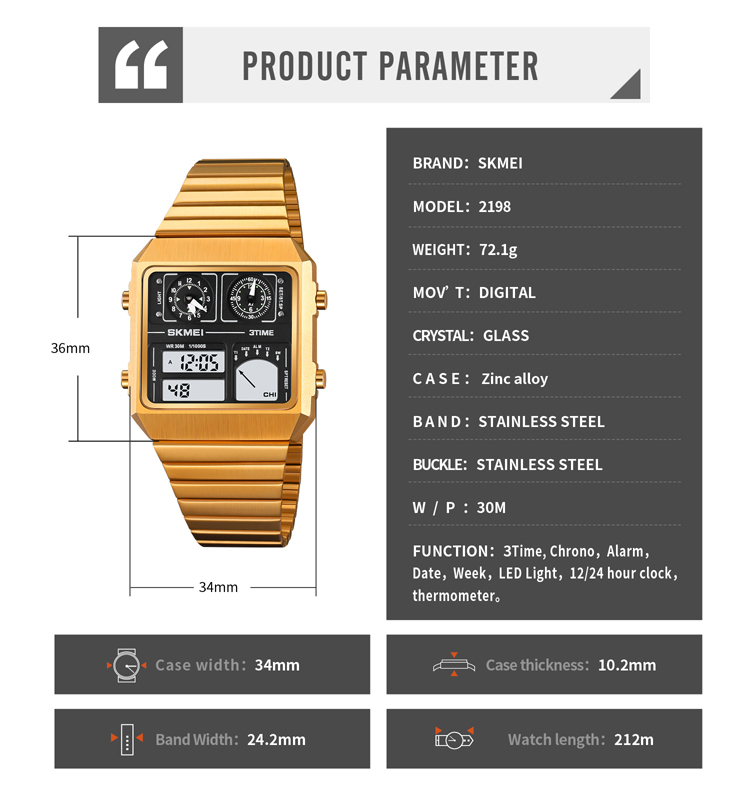 Skmei Digitaal Horloge Waterdicht Digitaal Stainlessstalen Thermometer Sporthorloge Heren Vrijetijdsbesteding Elektronisch Horloge Klok Led