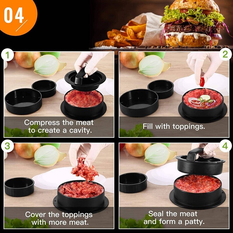 3 in 1 Burger Press Patty Stuffed Burger Maker with 120Pcs Burger Paper Non Stick Sliders Beef Burger Press - Black