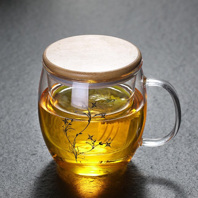 Transparent Glass Tea Cups Household Flower Teacups with Lid and Filter Heat Resistant Water Mug Office Drinkware: 500ml bamboo lid D