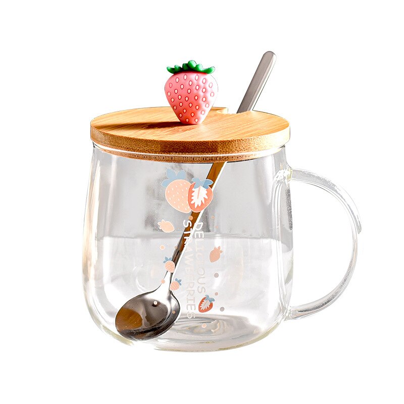 Jolie tasse en verre avec motif de fraise pour l&#39;eau, avec couvercle 3D, transparente, pour le bureau, le café, le lait, le jus de thé, pour la maison, pour Festival