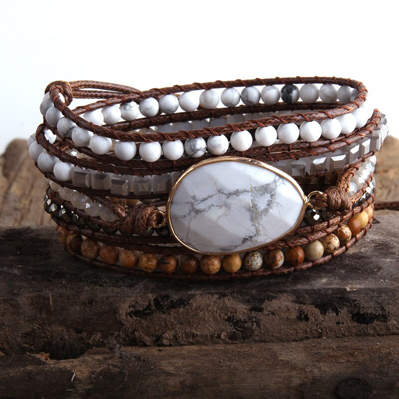 RH Boho Beaded Bracelet Handmade Mixed Natural Stones & Crystal Stone Charm 5 Strands Wrap Bracelets: white