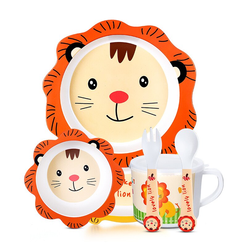 Baby Bamboe Kom + Lepel + Vork Feeding Servies Set Cartoon Aniaml Bee Kid Gerechten Bamboe Voeden Kom Diner plaat: lion