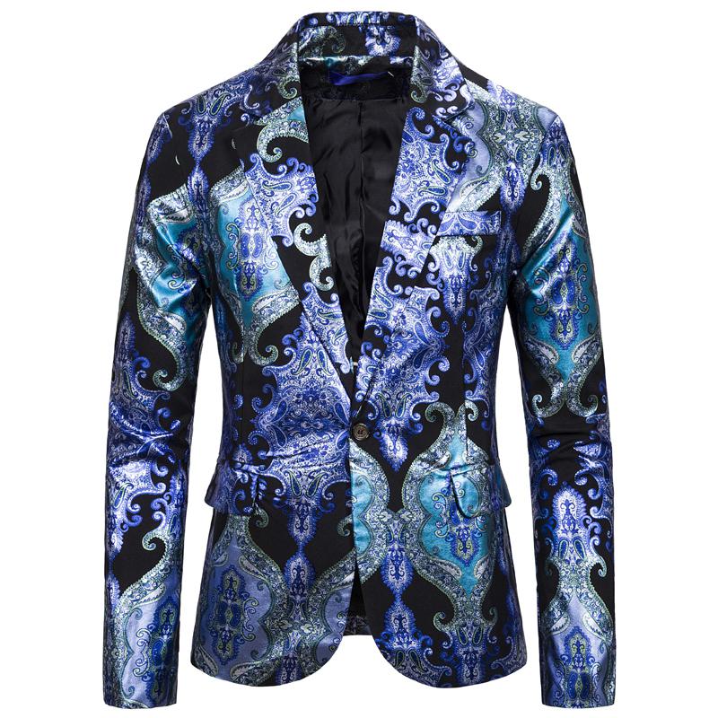 Blazers baroques hommes de luxe Sequin vestes hommes Costumes de scène pour chanteurs hommes cour Blazers bleu Royal impression robe de soirée Club: royal blue / XL