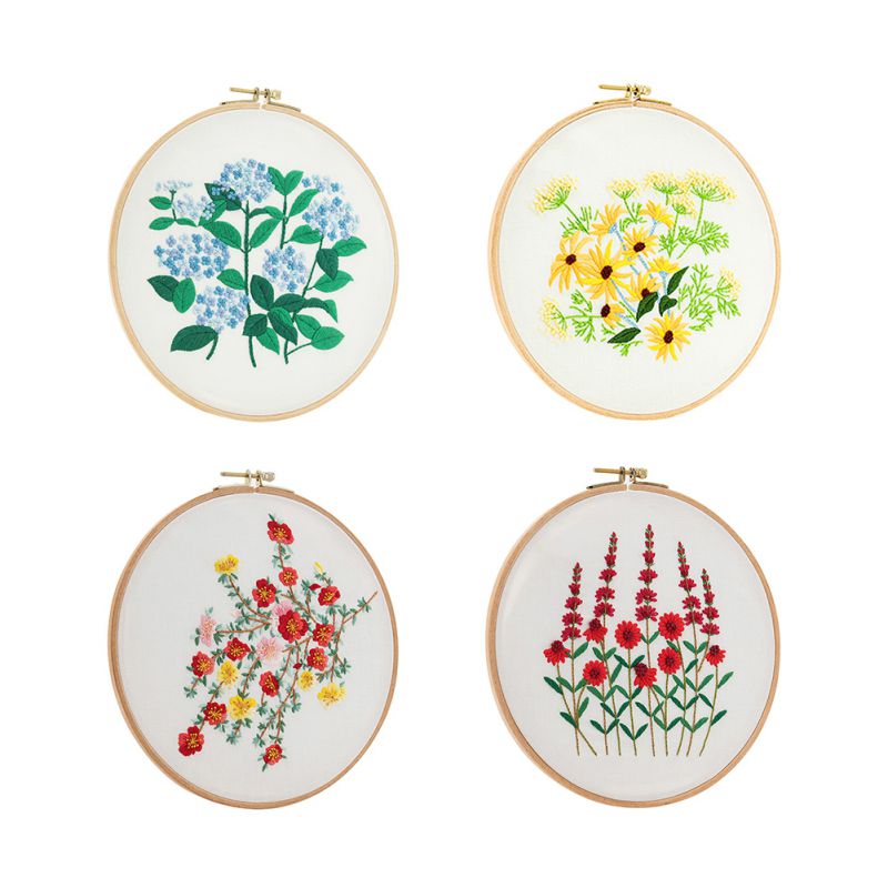 DIY Stamping Embroidery Starter Kit Embroidery Cloth with Floral Plant Pattern Color Line Tool Kit Embroidery Material