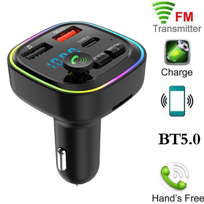 Car Bluetooth 5.0 FM Transmitter 87.5-108 mhz Type-C Dual USB 5V/3.1A Fast Charger LED Backlit Atmosphere Light MP3 Player