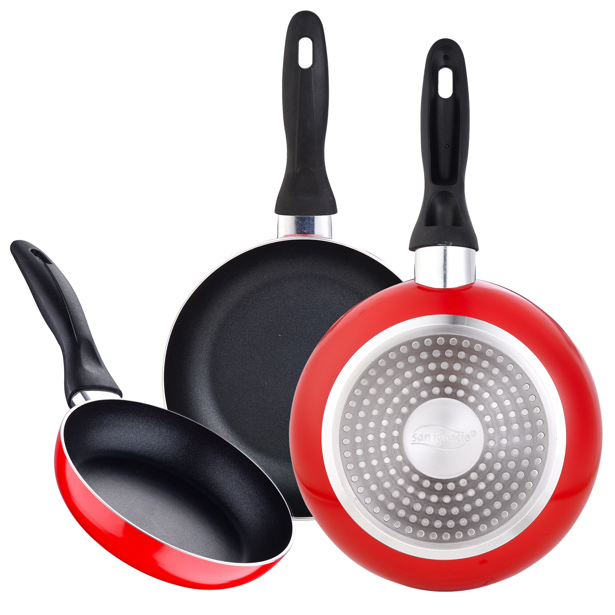 Juego de 3 sartenes antiadherentes San Ignacio en aluminio prensado (16/20/24 cm) en color rojo y tapa universal en color rojo: Solo sartenes 16/20/24 cm
