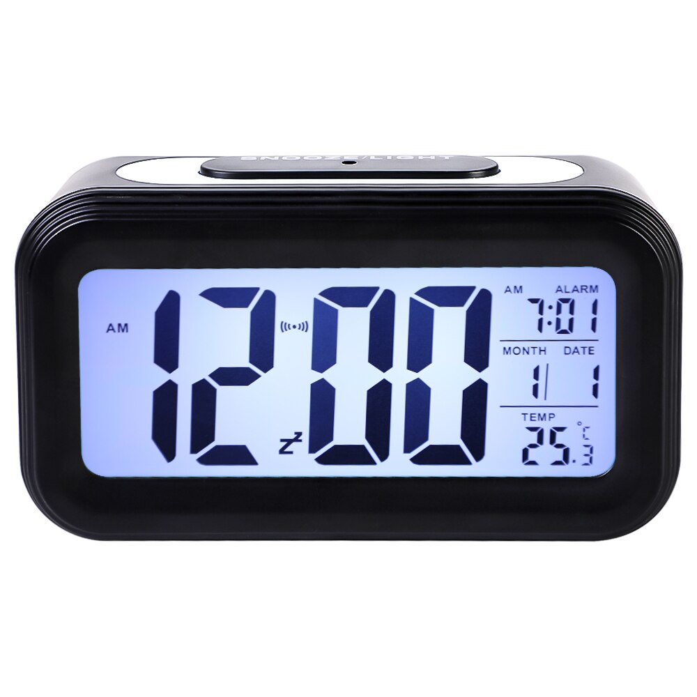 Alarma Digital LED, reloj electrónico inteligente, pantalla de retroiluminación silenciosa, alarma con función de repetición de calendario y temperatura: 1-Black