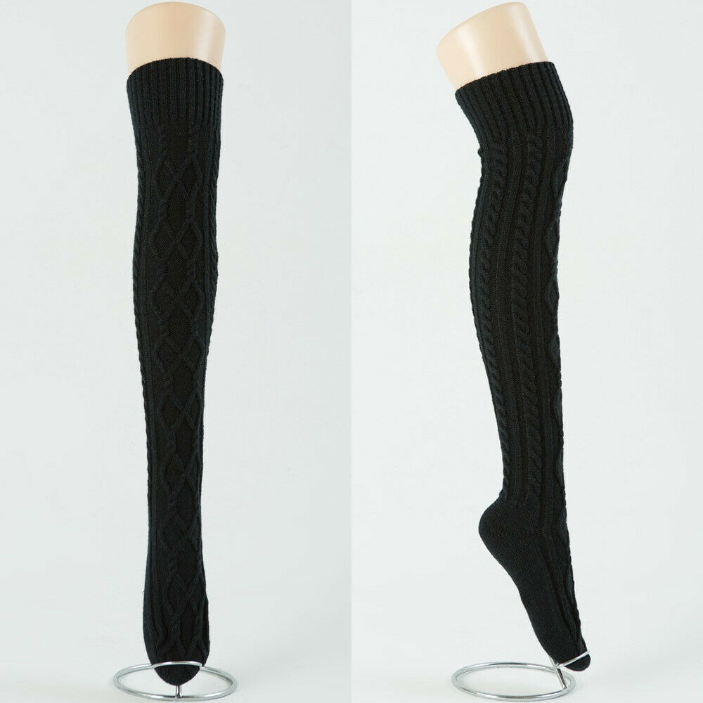 Kvinner varm hekle strikket over kneet legging varmestrømper lange tights lårstrømper: Svart