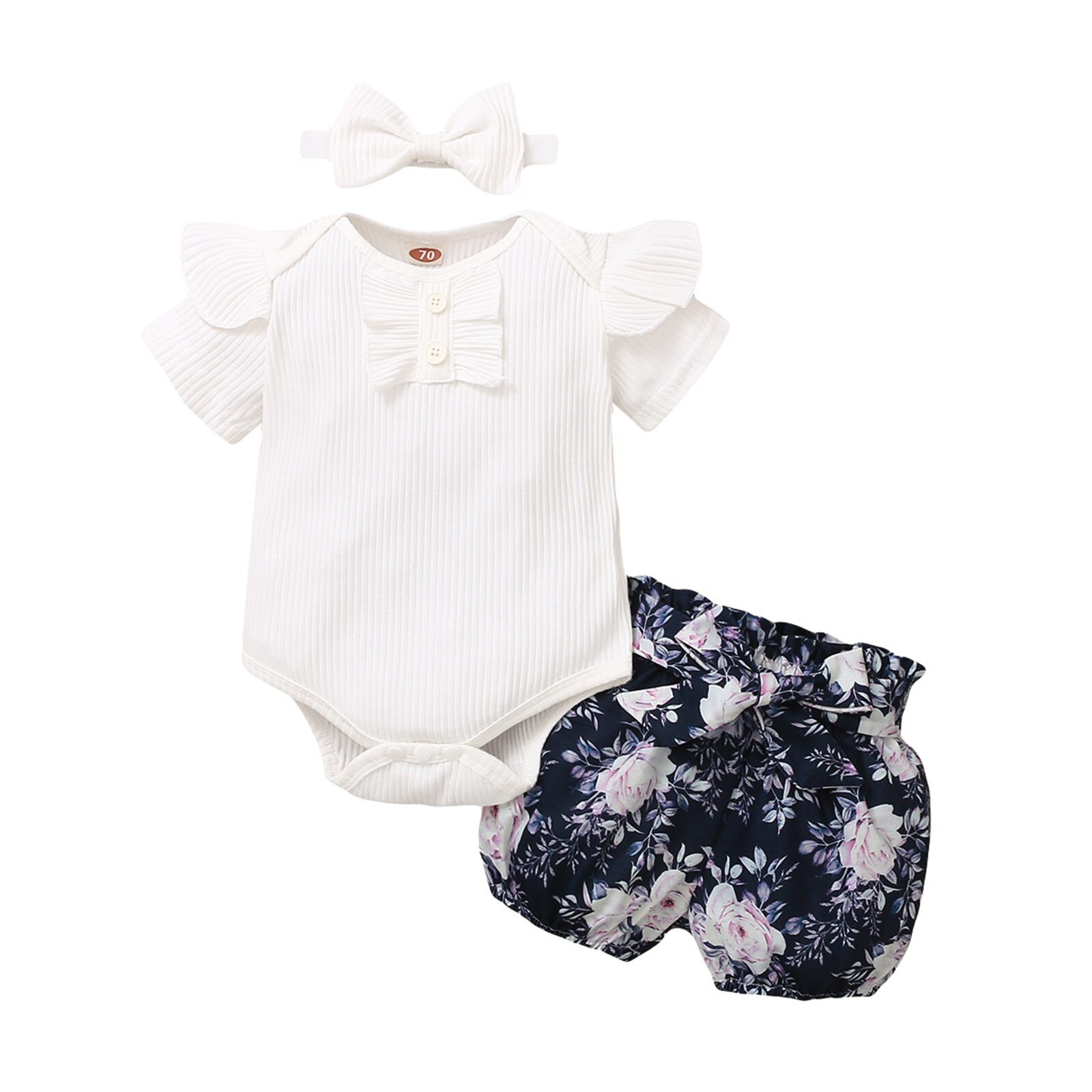Girl Outfits Toddler Baby Girls Clothes Summer Solid Short Sleeve Ruffle Romper Bodysuit+Floral Print Shorts Headbands Outfits: White / 90