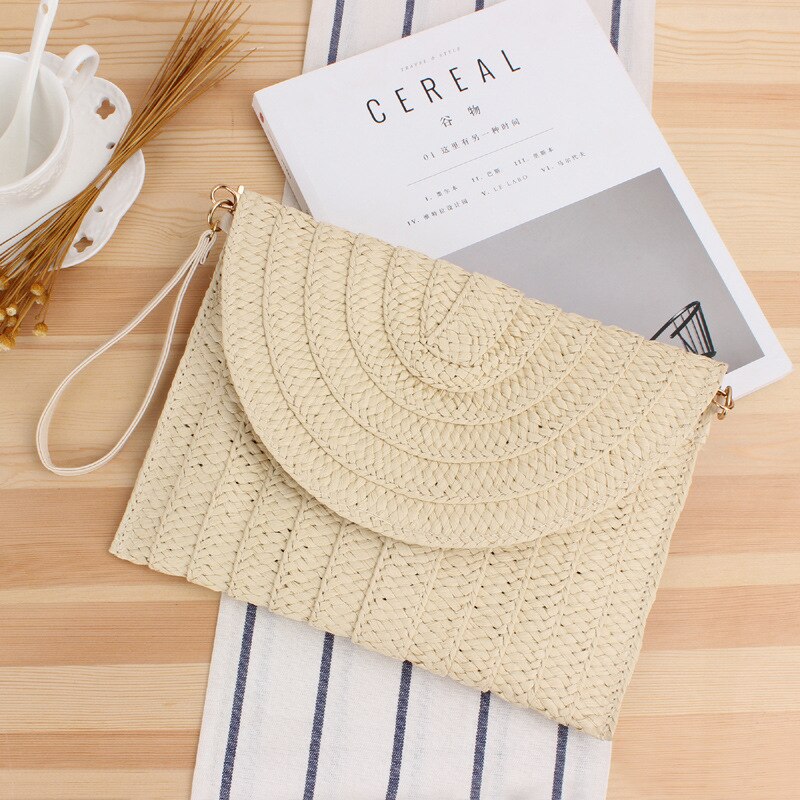 Bolso para mujer tejido de paja de papel trenzado hecho a mano, sencillo, informal, para playa: Creamy-white