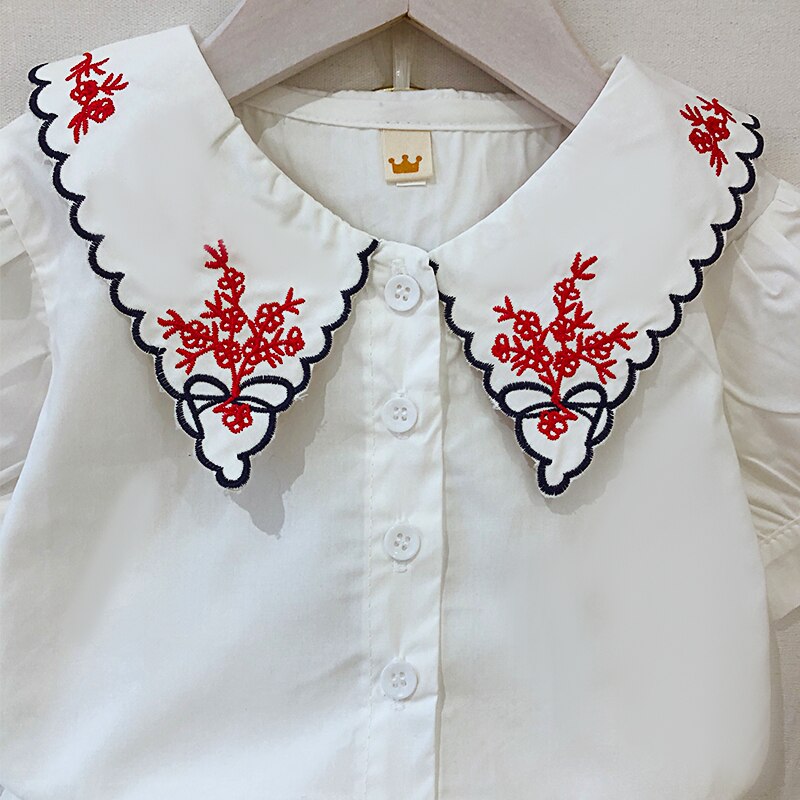 Baby Girls Embroidered Plaid Shirt Sweet Toddler Blouse Infant Summer Short Sleeve Children Cotton Shirts Kids Tops Pants