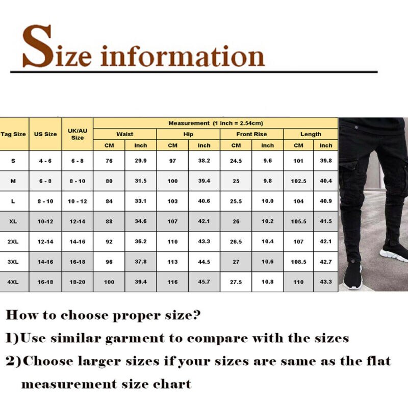noir Jean hommes Denim Skinny Biker Jeans détruit effiloché Slim Fit poche Cargo crayon pantalon grande taille S-3XL