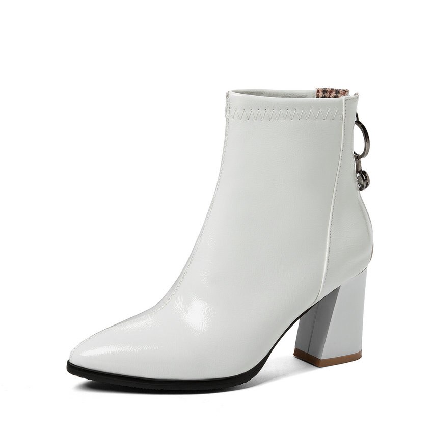 QUTAA Crystal Zipper puntiagudo Toe botines PU cuero Otoño Invierno mujeres zapatos cuadrado tacón alto botas cortas tamaño 34-43: Blanco / 7