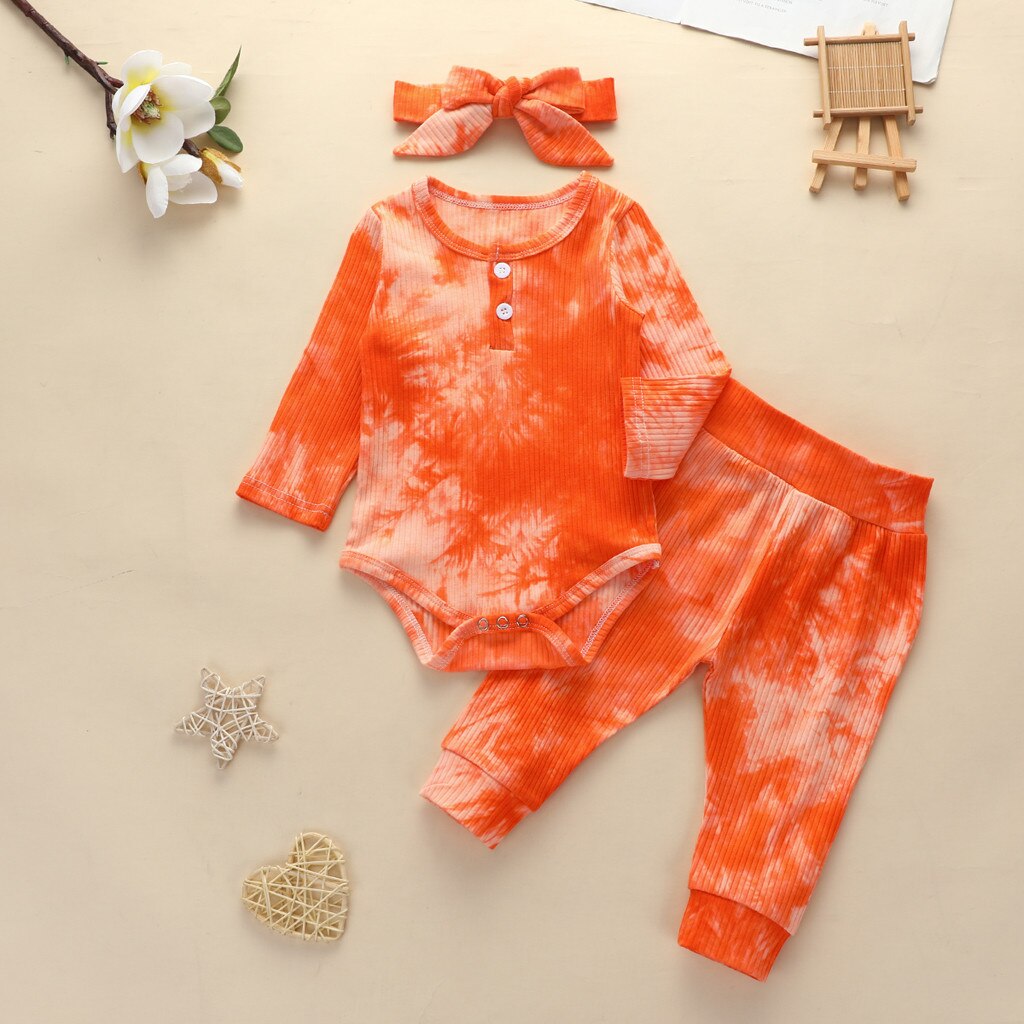 Baby Meisje Jongen Tie-Geverfd Pyjama Set Winter Nachtkleding Outfits Geribbelde Gebreide Ruches Lange Mouwen Bodysuit Broek Set Pasgeboren pyjama: Oranje / 12m