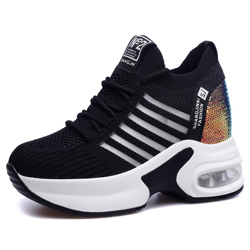 Women Sneakers 9 CM High Heel Women Bling Shoes Mesh Wedge Casual Shoes Summer Breathable Walking Shoes: black / 9