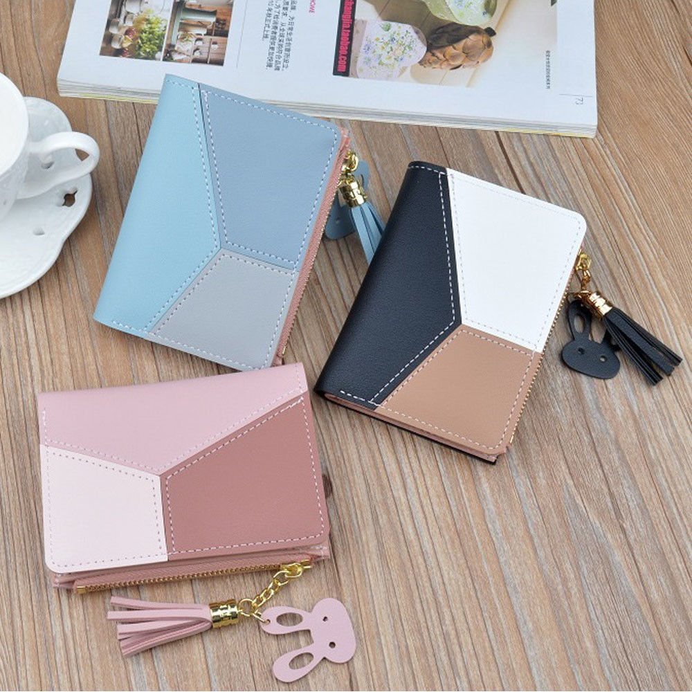 Kvinders kort pung pu læder kontrast kvast lynlås sød kanin mini clutch