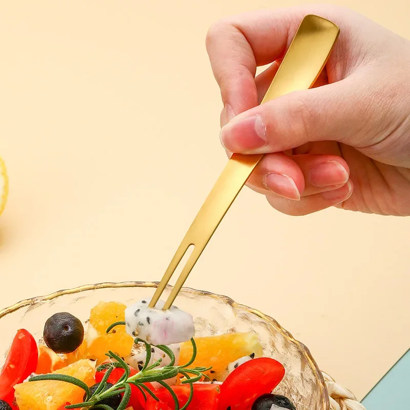 2in1 Fruit Fork 304 Stainless Steel Dessert Fork Food-grade Mixing Spoon Mini Fruit Stick Perfect for Cake Fish Coffee Ice Cream