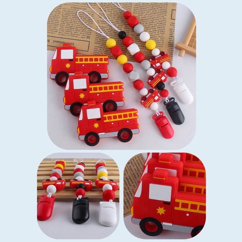 2 Pièces Bébé Sucette Chaîne Dessin Animé Camion De Pompier Ensemble de Dentition Tétine Factice Clip De Fixation En Silicone Pour Bébé De Dentition Sucette Molaire