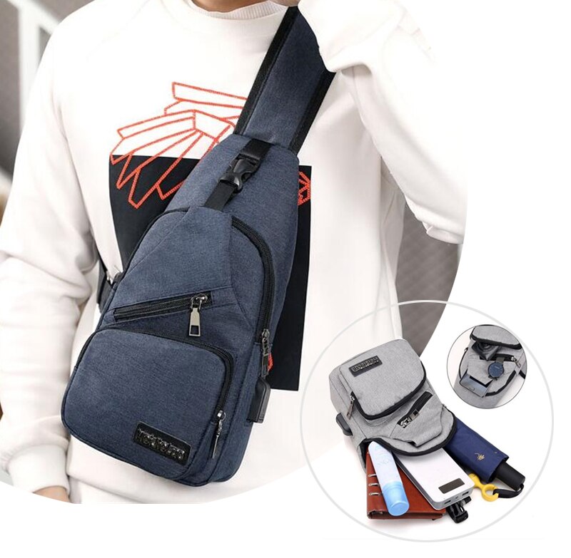 Male Shoulder Bags USB Charging Crossbody Bags Men Anti Theft Chest Bag School Short Trip Messengers Bag Canvas Waist Pack