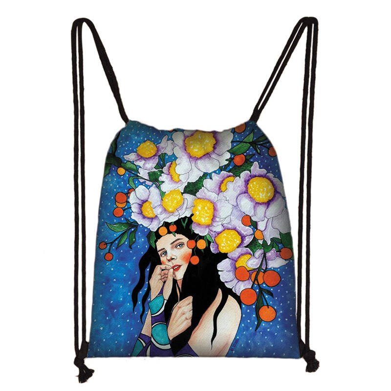Retro Europese Olieverf Meisjes Tasje Mooie Bloemen Touw Zakken Meisjes Draagbare Rugzak Unisex Reizen Boodschappentassen: skd-painting11