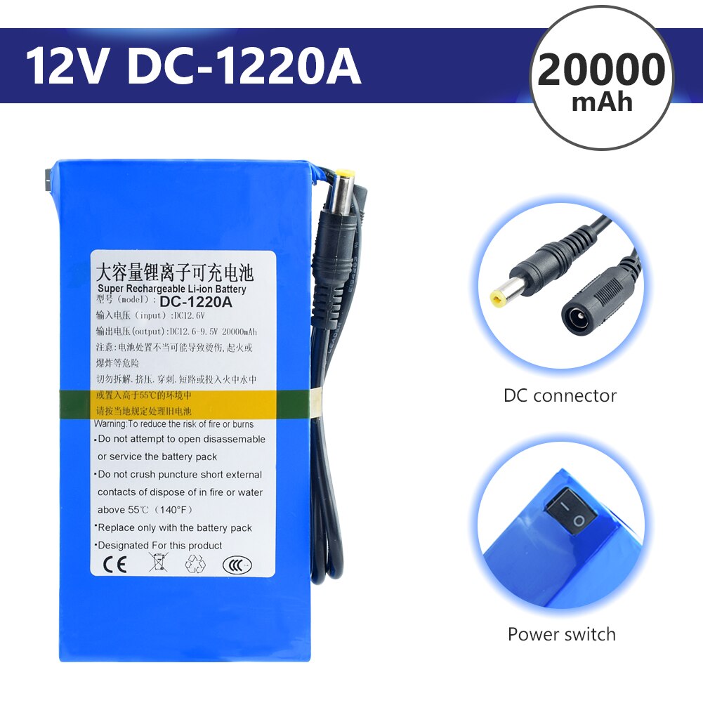 Li-ion Battery DC 12 V 12.6V Rechargeable Lithium Ion Battery Pack + On/Off Switch Bms 4800/6800/8000/9800/15000/20000mAh: DC-1220A(DC-122000)