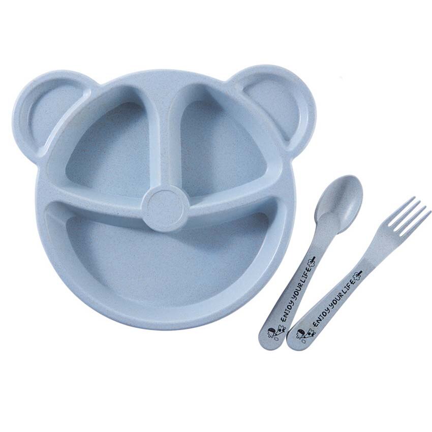 Cartoon Baby Dishes Wheat Fiber Sub-grid Plates Irregular Children Tableware For Infant Toddler Kids Feeding Utensils: Blue Bear Set