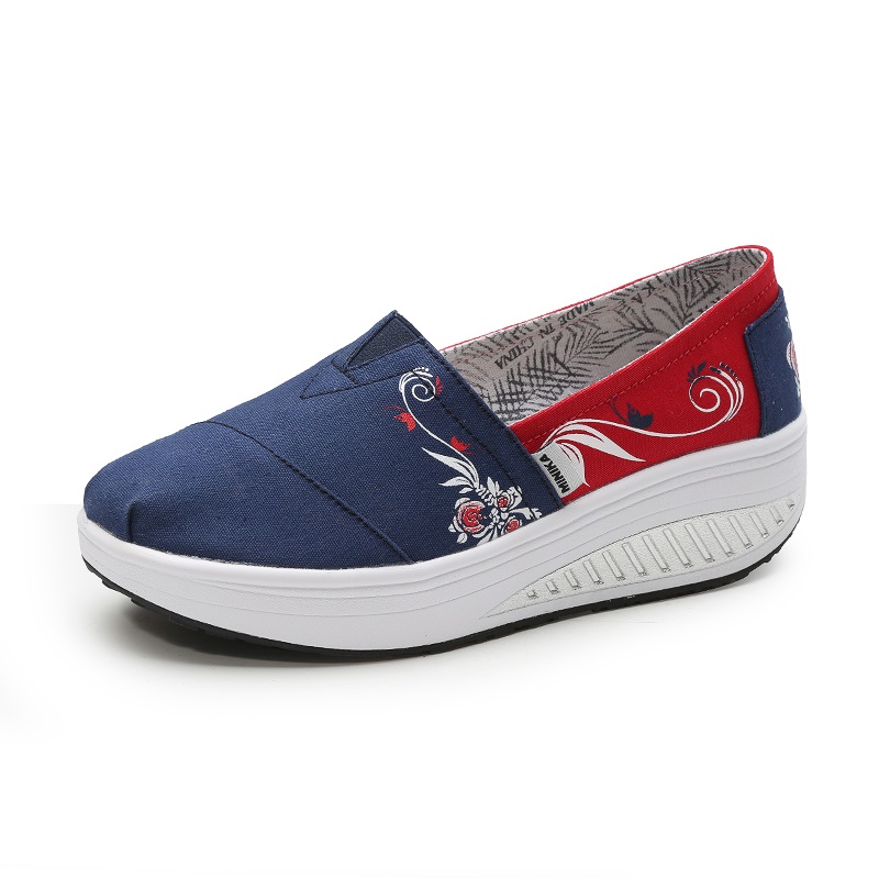 Minika Women Girls Canvas Platform Shoes Printing Slip On Swing Shoes Fitness Height Increasing Toning Walking Shoes: Blue Red / 6.5