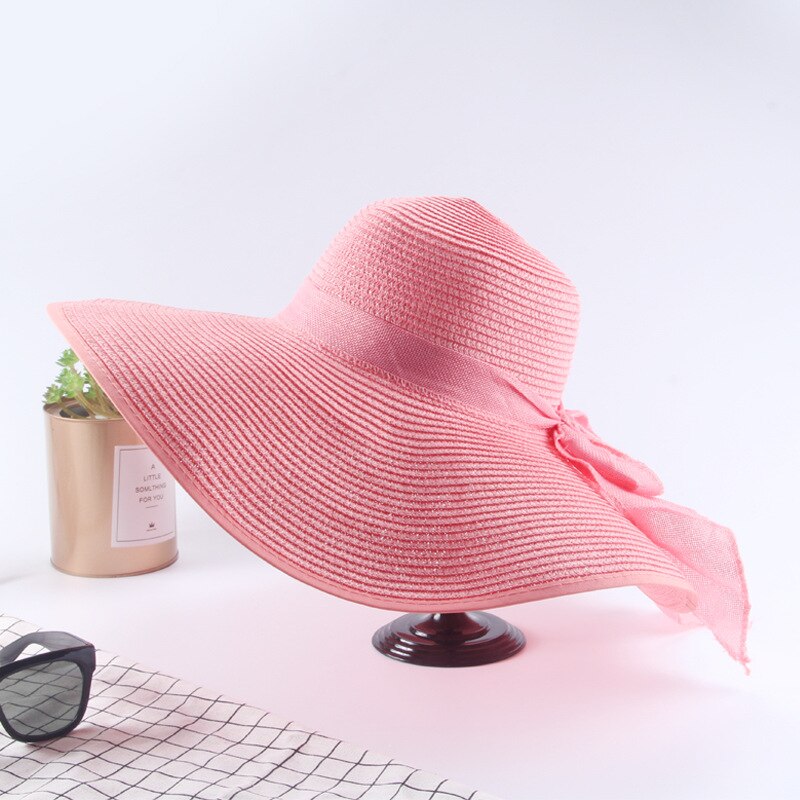 printemps été chapeau de paille femmes tempérament nœud papillon grand bord soleil chapeau Panama Style extérieur plage parasol chapeau de soleil: watermelon red