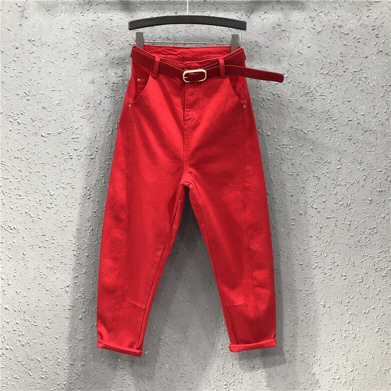 Damskie czerwone jeansy zimowe oraz aksamitne spodnie haremowe wiosenne i jesienne luźne spodnie na co dzień Plus rozmiar 5XL dziura: does not break holes / 4XL(82.5-87.5KG)
