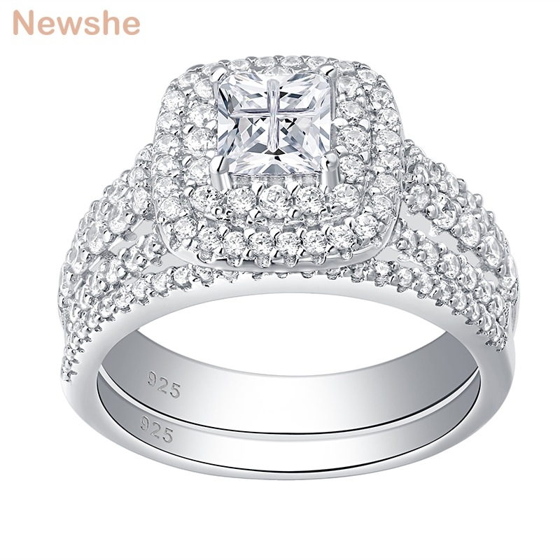 Newshe 925 Sterling Silber Halo Hochzeit Ring Set Für Frauen Elegante Schmuck Prinzessin Kreuz Cut AAAAA CZ Engagement Ringe