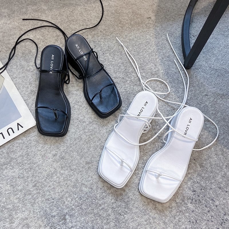 Square Toe Wedges Women Sandals Lace Up Gladiator Sandal Back Strap Summer Shoes Women Casual Beach Sandal