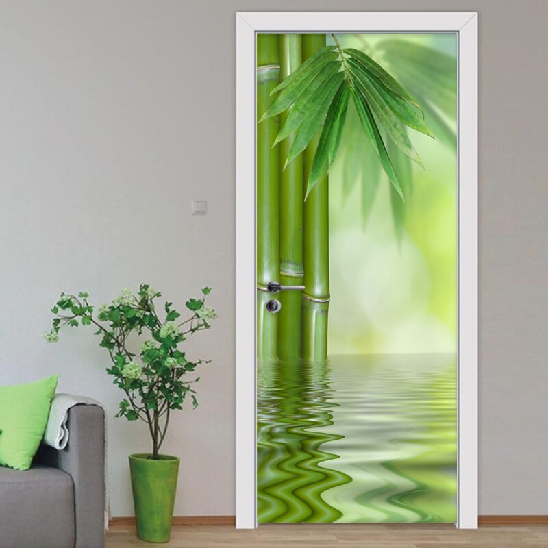 2 piezas/set diy 3d pegatinas de pared para puerta estilo chino, papel tapiz de bambú verde, decoración del hogar para sala de estar, póster mural de vinilo
