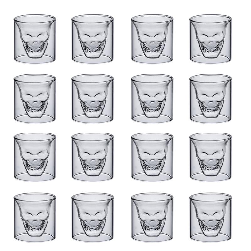 2-16Pcs Skull Cup 25Ml Dubbel Transparant Glas Bier Whiskey Vodka Wijn Water Champagne Cocktail Wijn Bril koffie Melk Mokken