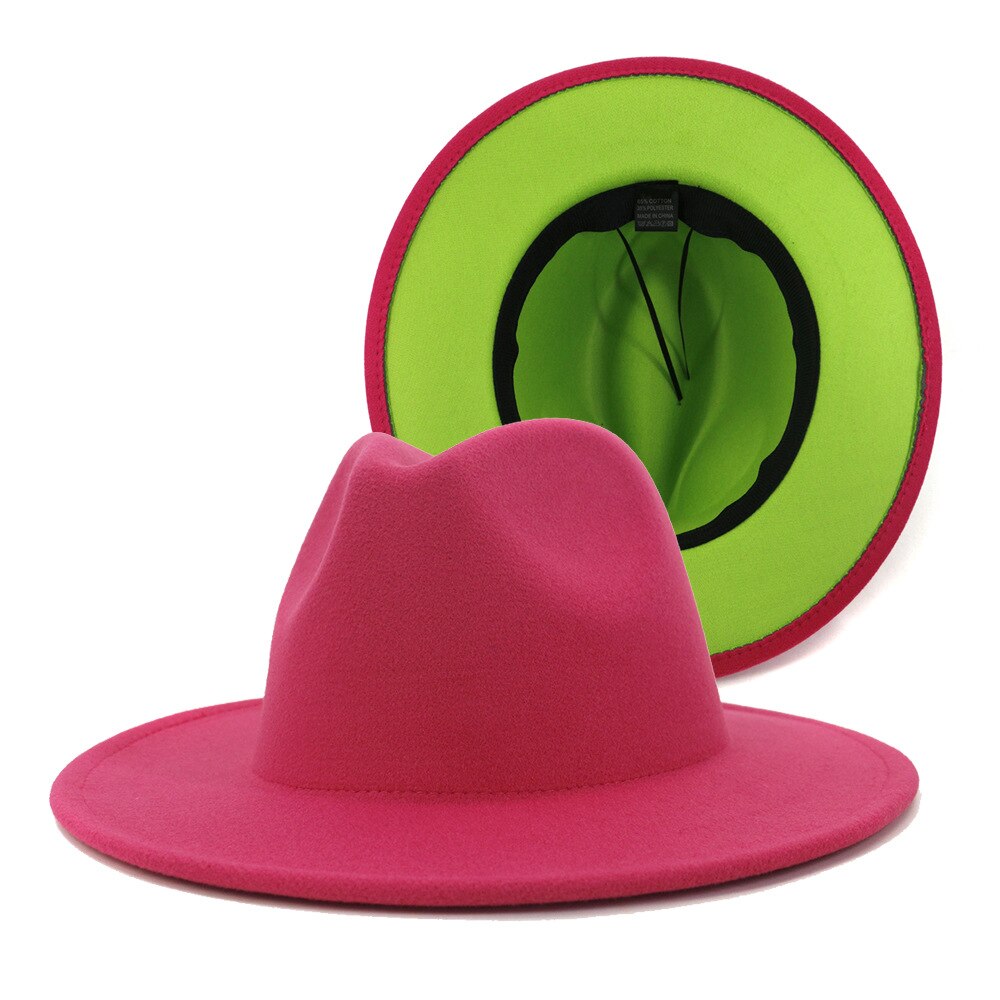 QBHAT Pink and Lime Green Patchwork Wool Felt Fedora Hats Women Large Brim Panama Trilby Jazz Cap Derby Hat Sombrero Mujer: Outer hot pink / 59to60cm