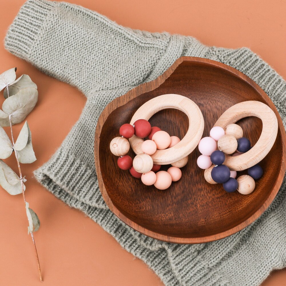 1pc Baby BeißRing Spielzeug BPA Frei Holz Armbinde Buche Ring Silikon Perlen Runde Kante BeißRing Für Neugeborene Baby spielzeug