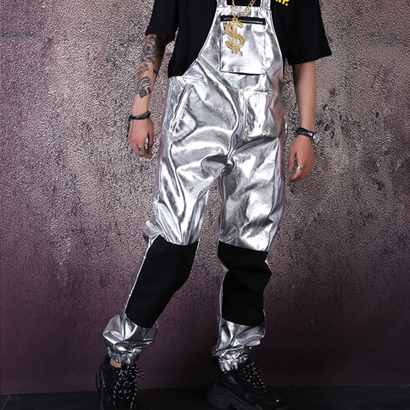 Men Streetwear Hip Hop Punk Silver Leather Overall... – Grandado