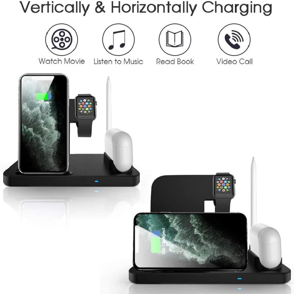 FDGAO 4 en 1 Qi chargeur sans fil 10W Station de chargement rapide pour iPhone 11 Pro XS XR X 8 Plus Apple Watch 5 4 3 2 AirPods Pro