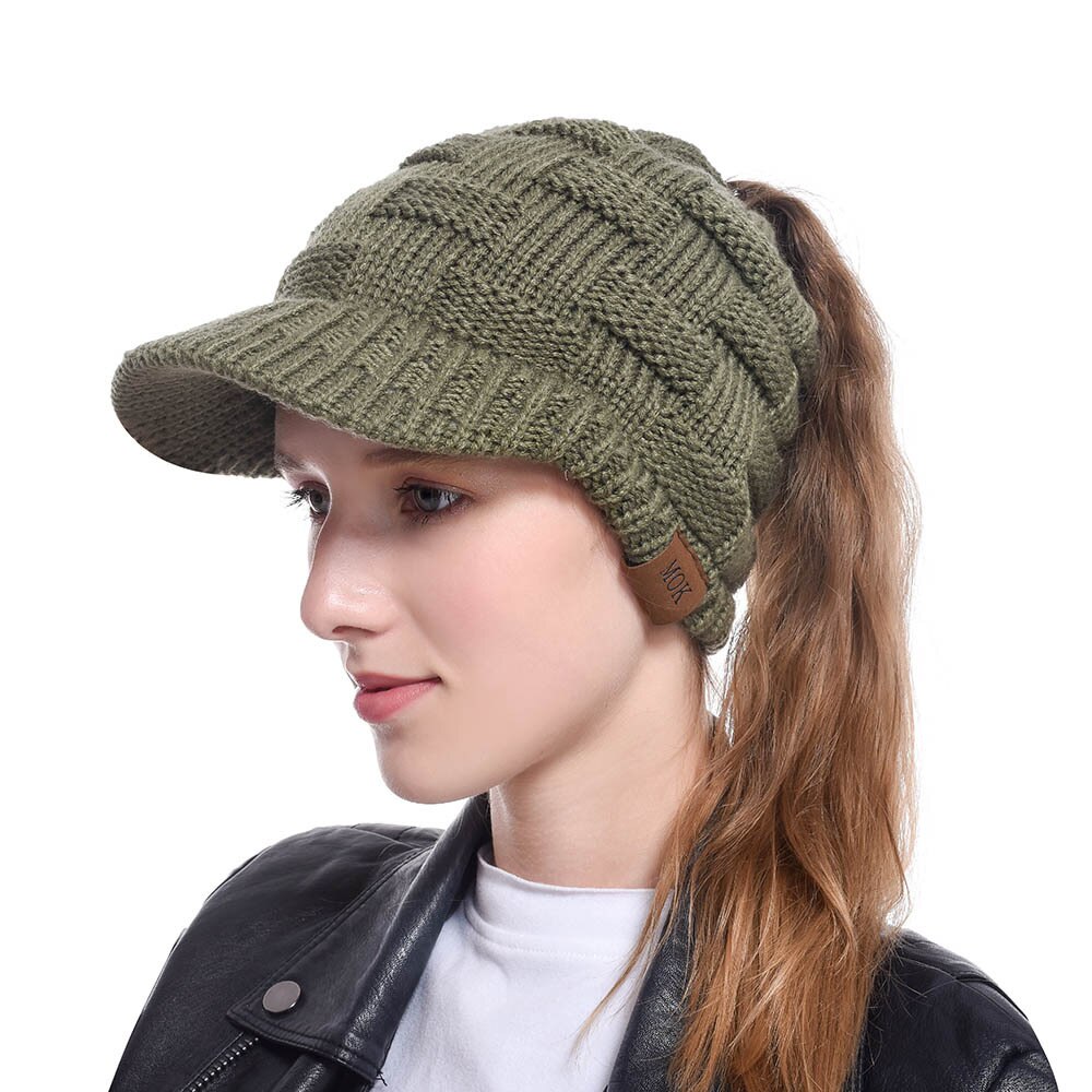 Farverige kvinders billige beanie hatte efterår vinter varm hue bagåbning hale strikning