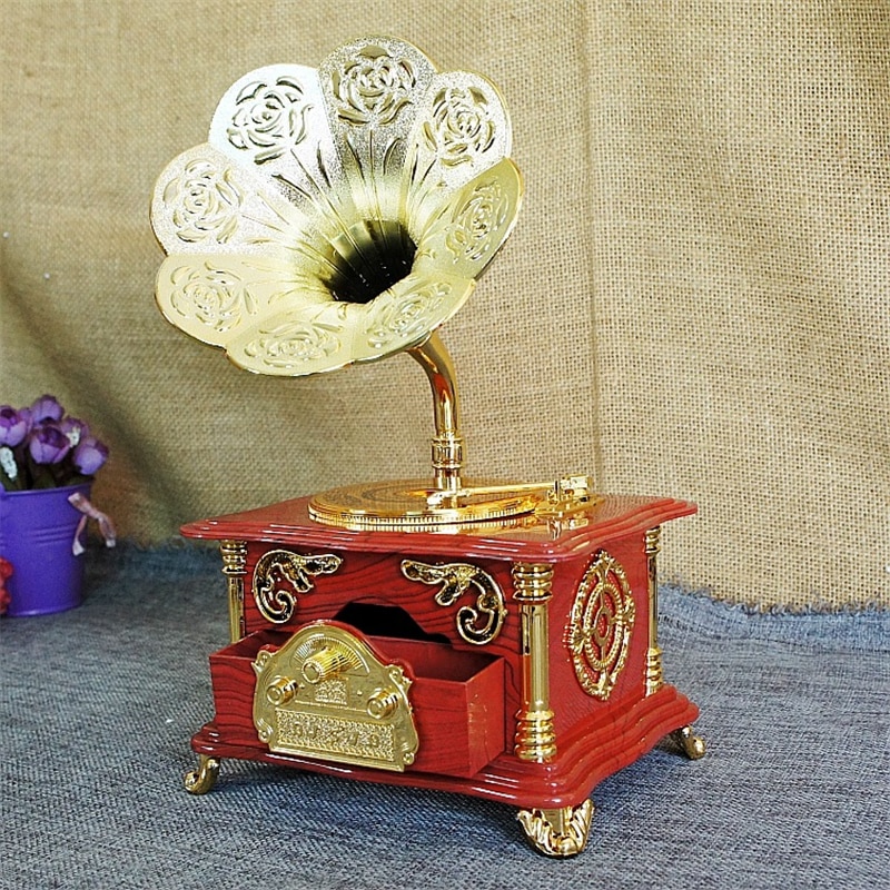 Stary gramofon Model muzyka skrzynka złoty chwile z zegarową muzyki obrotowy gramofon nostalgia rzemiosło kreatywny prezent na boże narodzenie