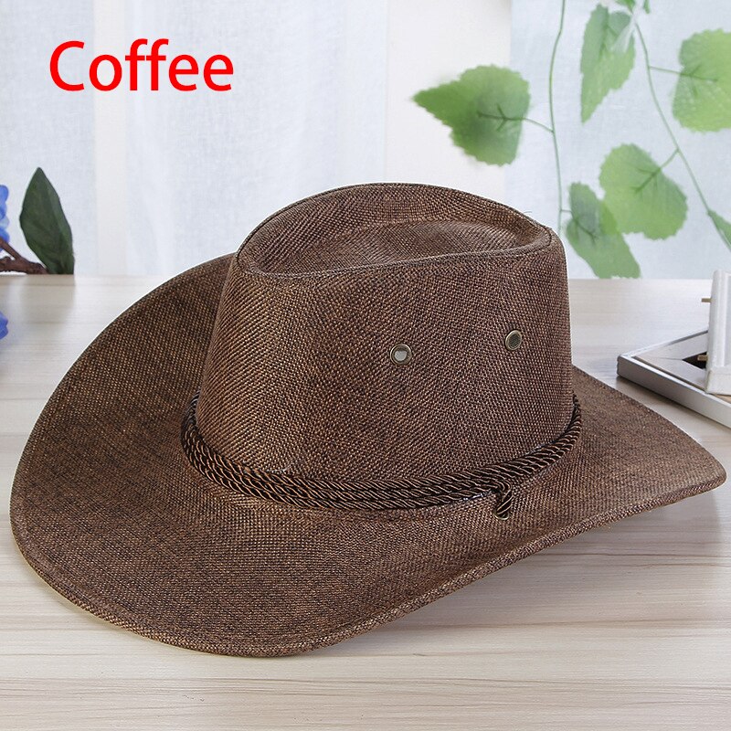 2022 Men's Western Cowboy Hat Linen Straw Hat Outdoor Travel Sun Jazz Hat Big Brim Chic Knight Caps: Coffee