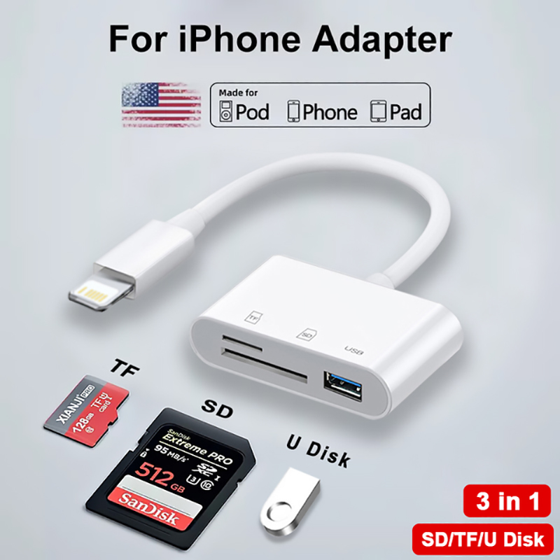 Czytnik kart SD TF 3 w 1 dla Apple iPhone 14 12 13 11 Pro Max XR XS USB C konwerter kamery dla iPada Android Laptop Adapter OTG: WHITE