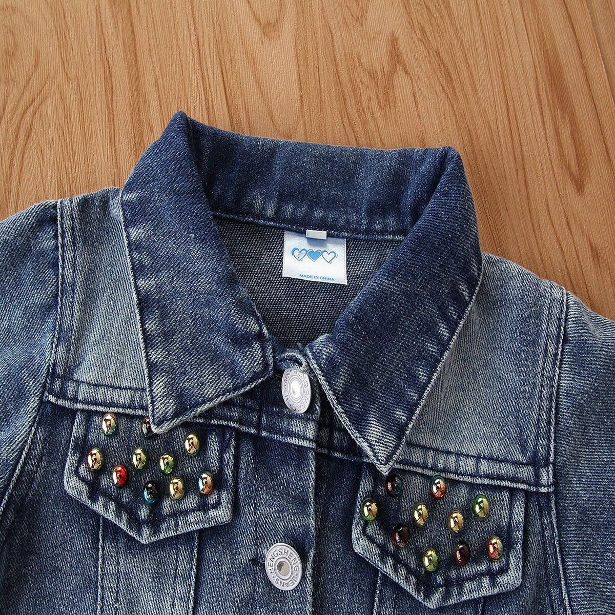 Chaqueta vaquera de manga larga para niños, abrigo con cuentas, decoración de lentejuelas en forma de corazón, de 1 a 5 años, a la , para otoño