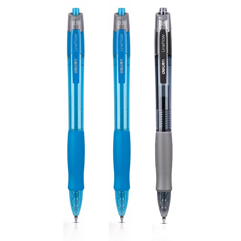deli Retractable Ballpen Gel Pens 3Pcs Set Black Blue Ink 0.5mm Ballpoint Replaceable Refills Office School Supplies Stationery: Blue
