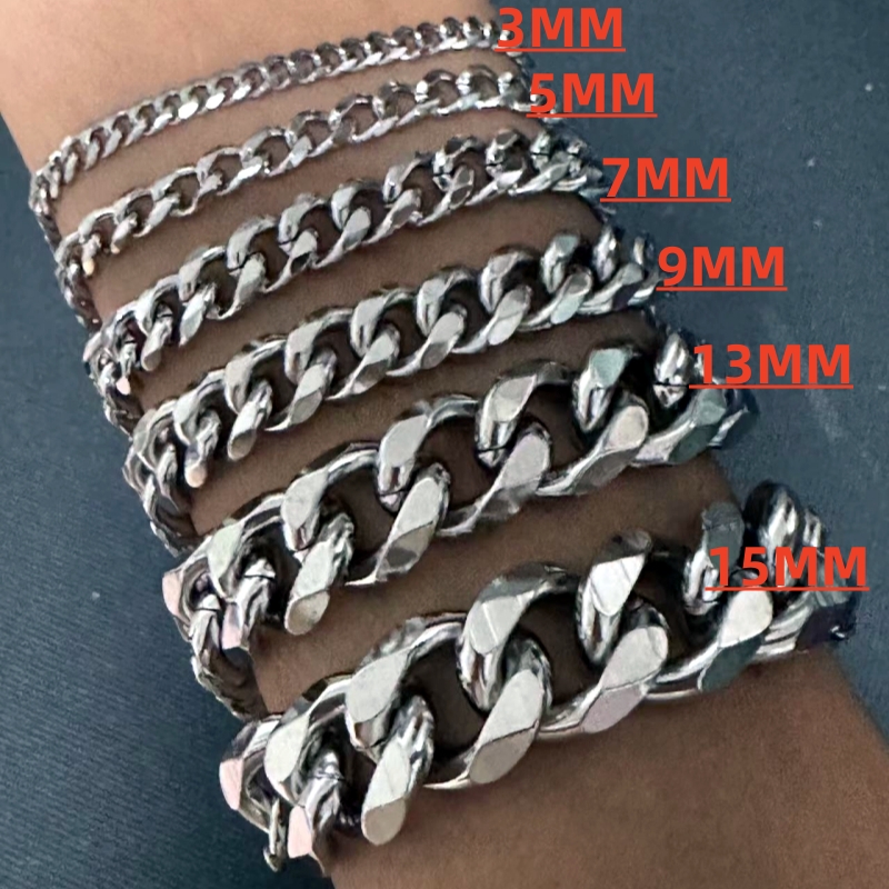HNSP-pulsera de cadena cubana de acero inoxidable para hombre, accesorio de joyería de tamaño ajustable, 3MM-15MM de grosor: Gris / Estampado en caliente